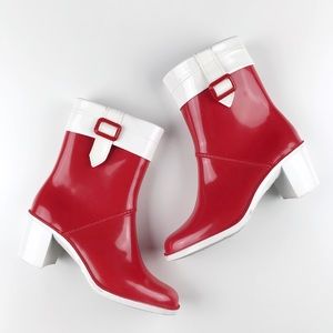 Burberry Red / White Buckled Rubber Rain Boots